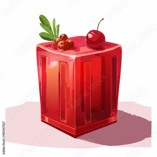 Refreshing Translucent Red Jelly Cube Dessert Topped with Fresh Cranberries and a Single Red Cherry with a Green Leaf Accent on a White Surface with Soft Shadow