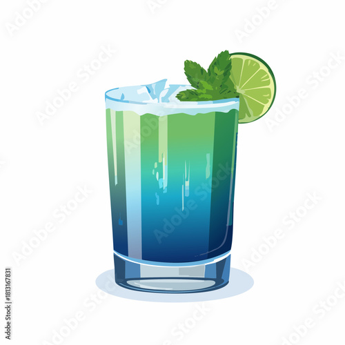 Refreshing Blue and Green Layered Cocktail with Ice Mint and Lime Slice in a Tall Glass on White Background