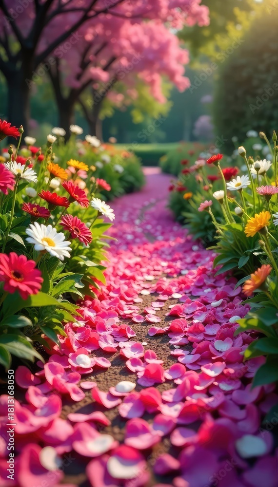 Obraz premium A winding garden path strewn with vibrant flower petals, leading to a lush, blooming garden Perfect for spring, summer, or wedding themes Follow the romantic trail of blossoms , peace, picturesque