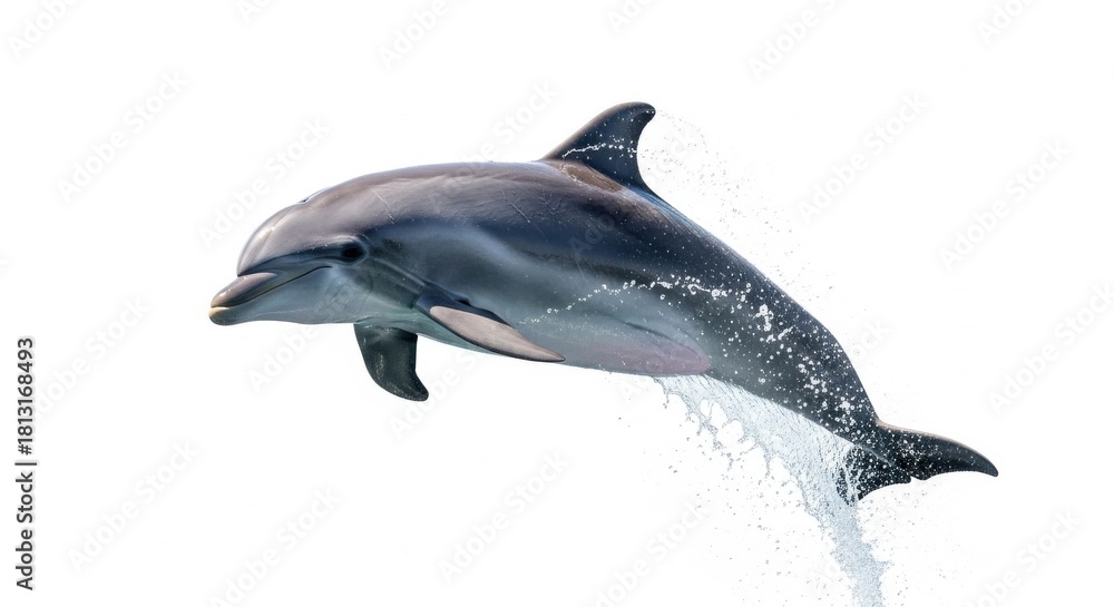 Fototapeta premium Bottlenose dolphin mid-air splash revealing its playful nature with white background display of