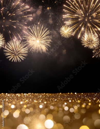 Fireworks background, New Year background with gold fireworks