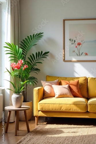 Vibrant, spring-inspired home decor with fresh flowers, lush greenery, and bright accents Creates a feeling of renewal and natural beauty in a living space , freshness, interior, spring