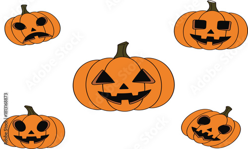 Halloween pumpkin illustration, carved jack o lantern faces, spooky holiday decoration vector, scary and funny expressions, autumn seasonal artwork, horror festival design
