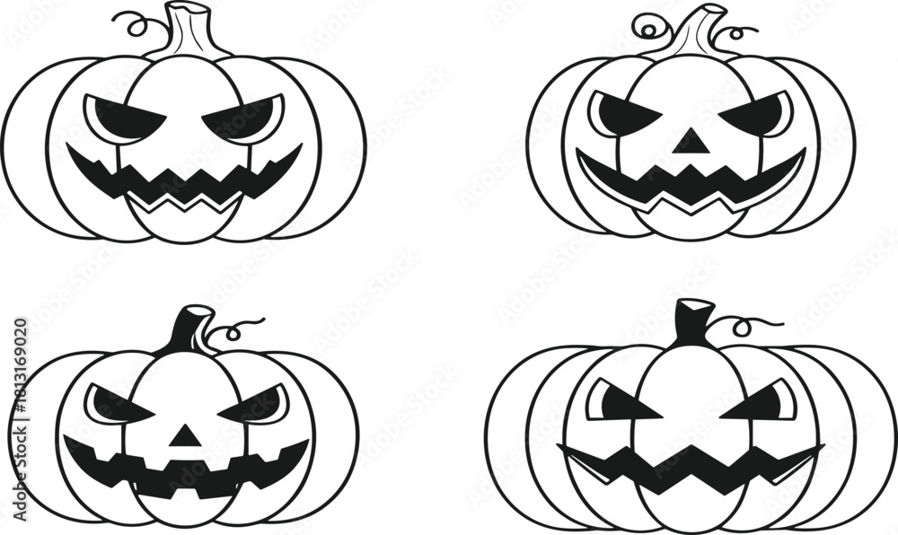 Fototapeta premium Halloween pumpkin illustration, spooky jack o lantern vector art, carved face design, scary holiday decoration graphic, autumn festival artwork, black silhouette drawing