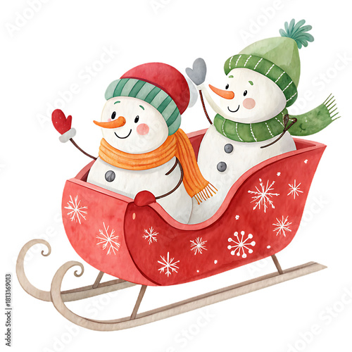 Two cheerful snowmen riding in a festive red sleigh