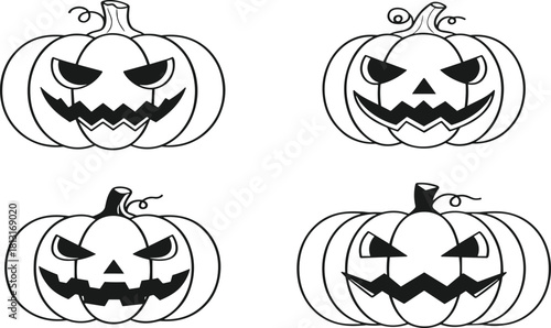 Halloween pumpkin illustration, spooky jack o lantern vector art, carved face design, scary holiday decoration graphic, autumn festival artwork, black silhouette drawing
