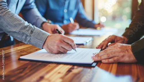 Three individuals signing documents at a wooden table, finalizing a deal or agreement.