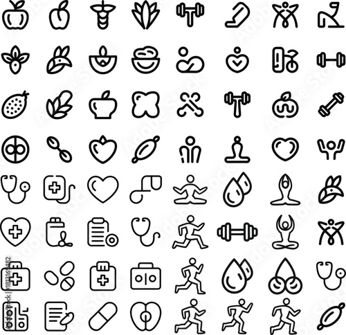 Health and Fitness Icons with Yoga Poses and Exercise Equipment Keywords: health icon, fitness icon, yoga icon, exercise icon, dumbbell icon