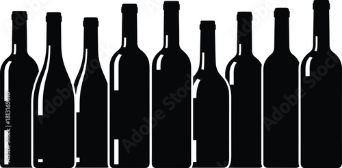 Wine Bottle Black Silhouette Set, Collection of Various Elegant Empty Glass Bottles for Alcohol, Liquor, and Beverage Packaging Design Vector Illustration Content, Isolated on White Background.