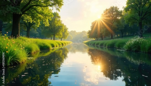 Serene summer scene on a calm waterway, sunlit reflections dancing on the water's surface, lush green vegetation along the banks , majestic, summer, relaxing
