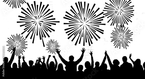 Crowd Silhouette Celebrating Under Abstract Fireworks - Vector Illustration