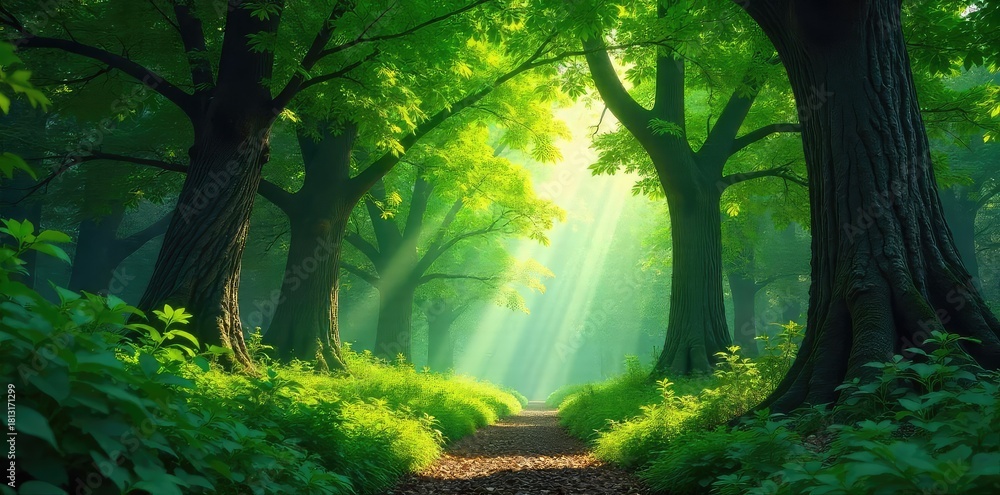 Obraz premium Lush green forest canopy forming a natural archway, sunlight dappling through leaves, creating a vibrant, magical scene Perfect for travel, nature, and fantasy themes , green, environment, leaves