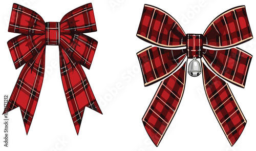 Red plaid Christmas bows with tartan pattern, festive holiday decoration, gift wrapping accessory, seasonal ornament, winter celebration design, decorative element