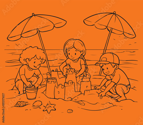 kids playing on beech coloring book sketch concept 