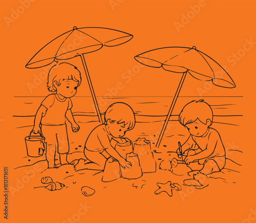 kids playing on beech coloring book sketch concept 