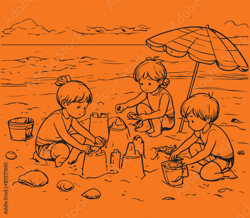 kids playing on beech coloring book sketch concept 