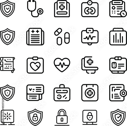 Medical and healthcare icons with shields and security , medical, healthcare, shield, security, protection, safety, insurance, health