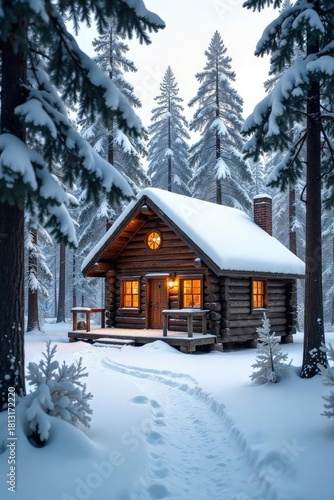 A rustic wooden cabin nestled deep within a snow-covered forest, offering a sense of secluded peace and tranquility Perfect for winter, nature, and cozy themes , wilderness, backdrop