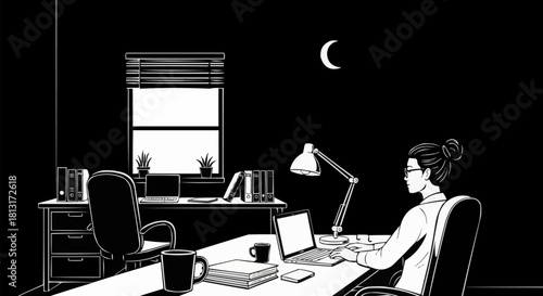 Woman working late at night in office, focused on laptop, moon visible.