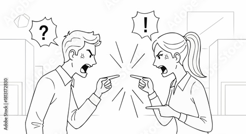 Argument Between Man and Woman with Exclamation and Question Marks.