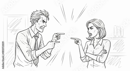 Angry Couple Arguing and Pointing Fingers at Each Other.