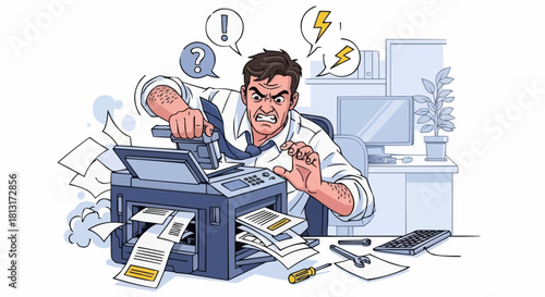 Frustrated Man Struggling with a Malfunctioning Printer in Office.
