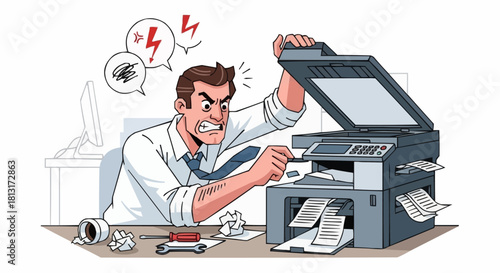 Frustrated office worker struggles with a malfunctioning printer.