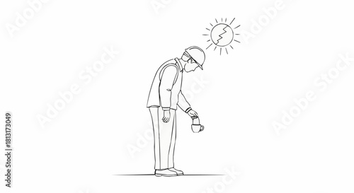 Line art drawing of a tired construction worker under the hot sun.