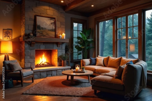 Cozy living room with a fireplace, comfortable furniture, and warm lighting, creating a welcoming and inviting atmosphere perfect for relaxation and spending quality time at home , relaxation, chairs