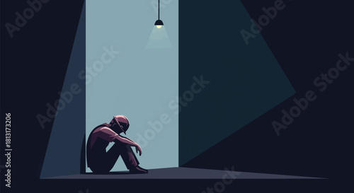 Depressed person sitting alone in a dark room under a single light bulb.