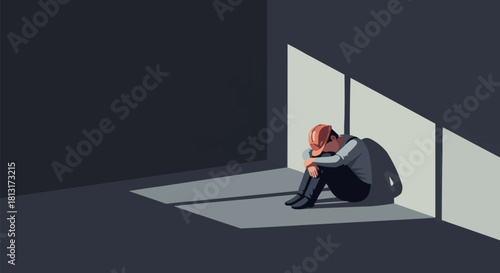 Person Curled Up in a Dark Room, Overcome with Sadness.