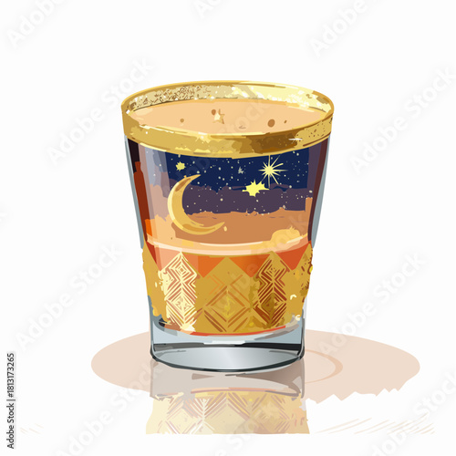 A Tall Glass Filled With Amber Liquid Featuring A Celestial Scene Of A Crescent Moon And Stars Against A Deep Blue Sky Within The Glass Design Accented With Golden Geometric Patterns And Reflections