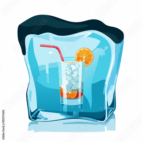 Refreshing Orange Juice Cocktail With Ice Cubes And Slices Garnished With Orange Wedge And Red Straw Inside Clear Glass Surrounded By Frozen Ice Block Studio Shot Isolated On White Background