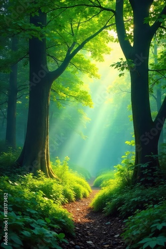 Lush green forest canopy bathed in summer sunlight, dappled shadows on the forest floor, vibrant foliage and lush undergrowth Perfect for nature, travel, and environmental themes , leaves, organic