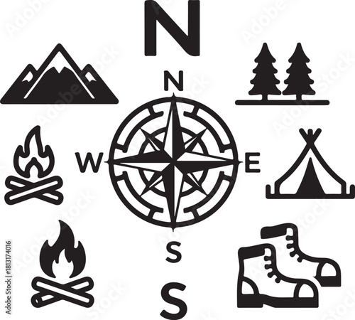 Camping Adventure Icon Set – Outdoors, Hiking & Nature Elements
Minimalist Wilderness Icons – Camping, Mountains, Compass & Fire
Outdoor Survival Line Art – Boots, Tent, Knife & Campfire Designs