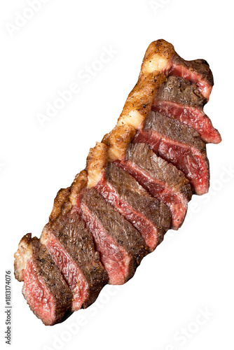 Premium grilled picanha (rump cap) beef, finely sliced and isolated on a transparent background.