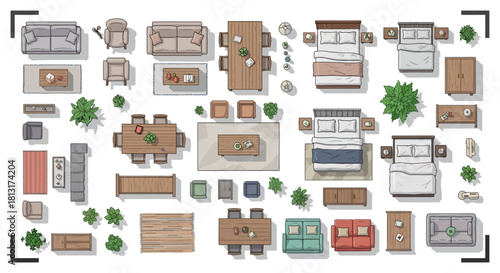 top view furniture and household elements for architectural floor plan design featuring beds sofas dining sets and plants for modern interior layouts.