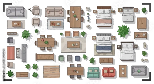 Fototapeta top view furniture and household elements for architectural floor plan design featuring beds sofas dining sets and plants for modern interior layouts.