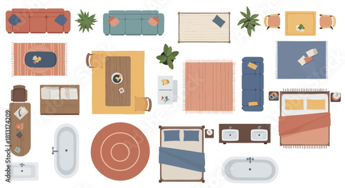 top view furniture collection illustrating modern household items for interior design layouts and architectural planning projects.