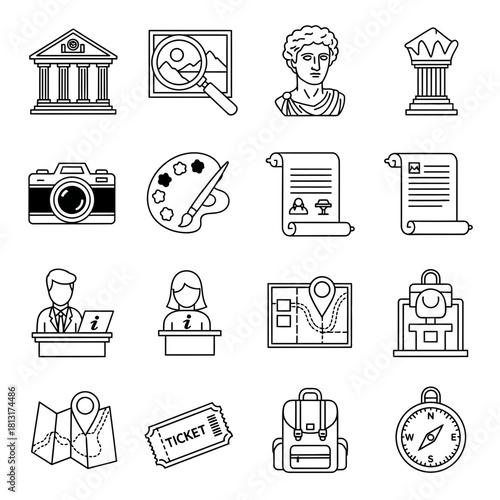 Discover ancient history, artistic expression, and travel essentials with this versatile icon set featuring museums, art, and exploration tools.