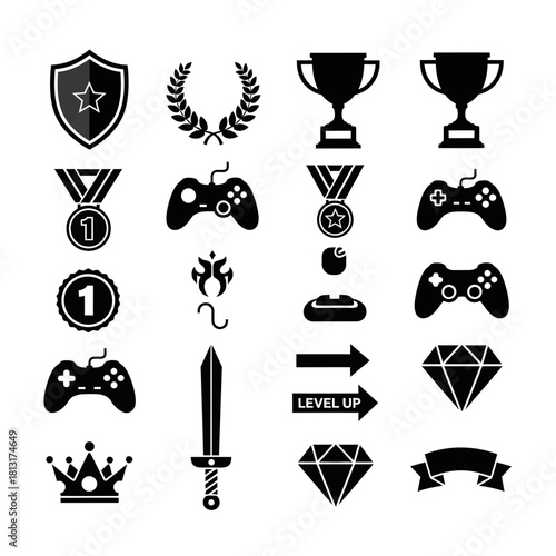 Dynamic collection of gaming icons showcasing trophies, medals, controllers, crowns, swords, and diamonds for ultimate victory celebrations