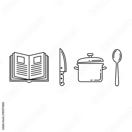 Culinary essentials including cookbook, knife, pot, and spoon create a stylish kitchen collection for recipe inspiration and meal preparation