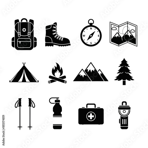 Essential outdoor adventure gear icons for camping hiking and exploration projects including backpack boot compass map tent campfire mountains tree poles bottle first aid kit and flashlight