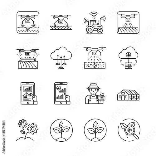 Modern agricultural technology icons showcasing smart farming, drones, data analysis, and sustainable growth for innovation and efficiency