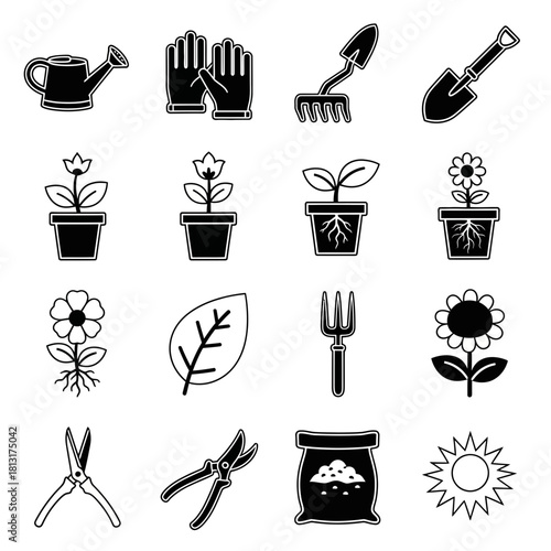 Essential gardening tools and plants icon set for nurturing nature and vibrant growth, perfect for creative projects