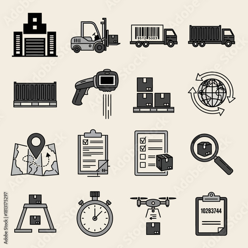 Dynamic logistics icons showcasing global shipping, warehousing, and delivery innovations for modern supply chain operations