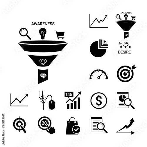 Visualize business growth with dynamic icons representing sales funnels analytics and customer acquisition driving success