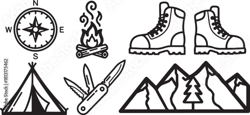 Camping Adventure Icon Set – Outdoors, Hiking & Nature Elements
Minimalist Wilderness Icons – Camping, Mountains, Compass & Fire
Outdoor Survival Line Art – Boots, Tent, Knife & Campfire Designs