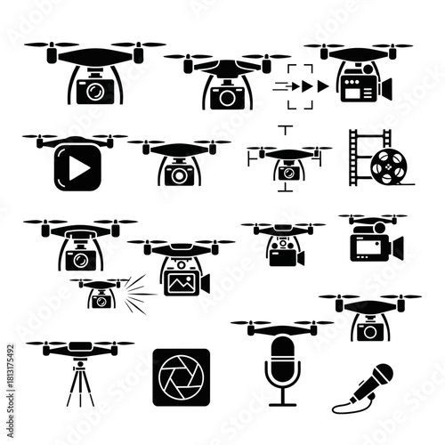 Dynamic drone and camera icons capture aerial photography, videography, and audio recording for modern media production projects.
