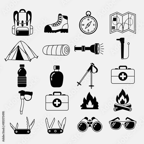 Essential outdoor adventure gear collection for camping travel and exploration featuring backpack boot compass map tent sleeping bag flashlight first aid kit